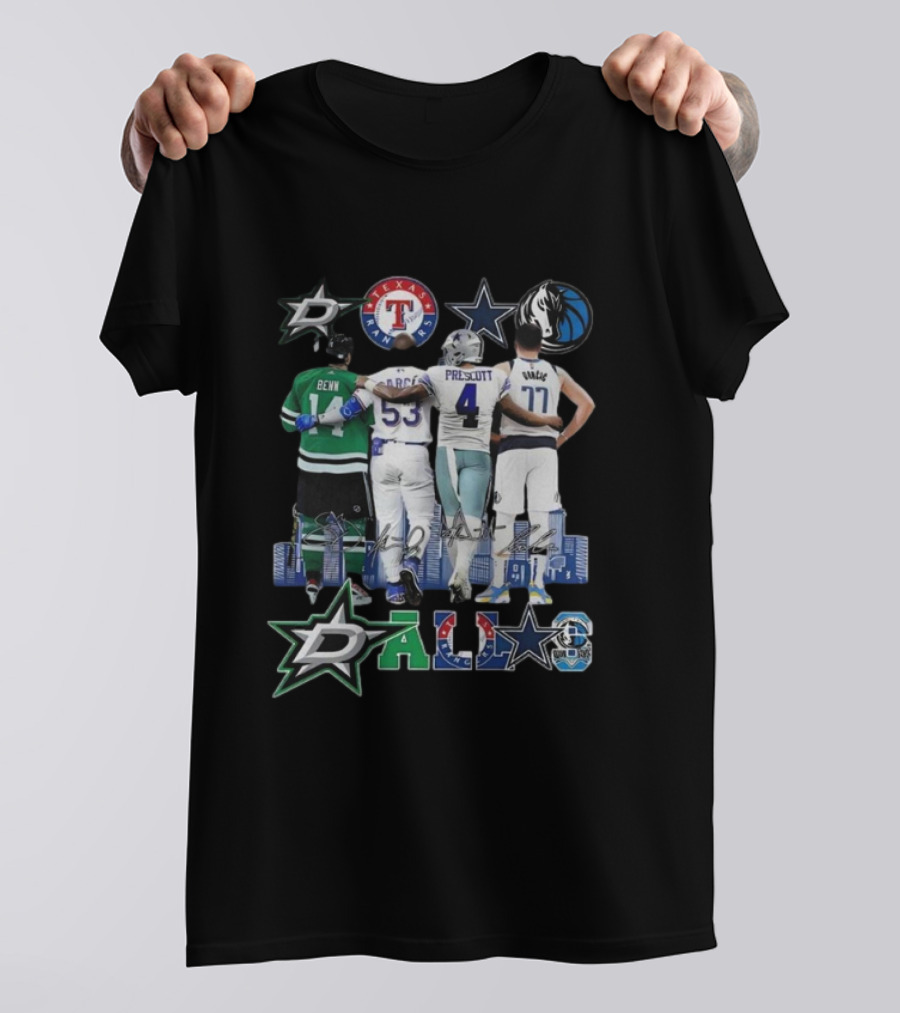 Dallas Mavericks Doncic Stars Benn Texas Rangers Cowboys Prescott Skyline Signatures T-Shirt