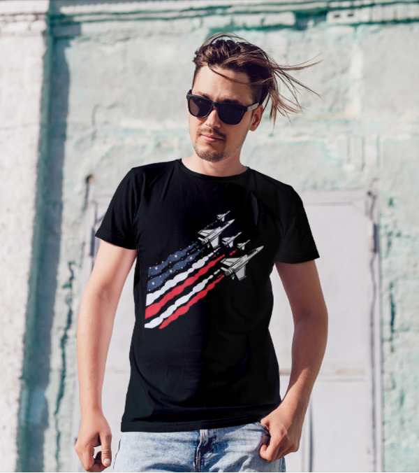Vintage Patriotic Fighter Jet Airplane With American Flag Trail T-Shirt