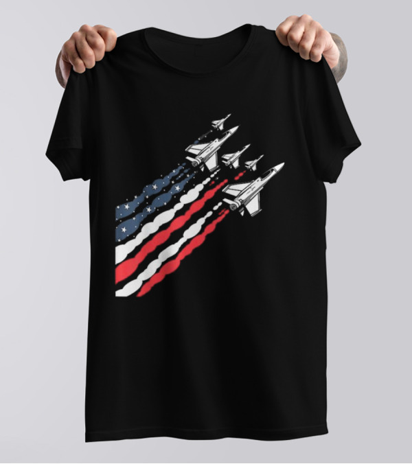 Vintage Patriotic Fighter Jet Airplane With American Flag Trail T-Shirt