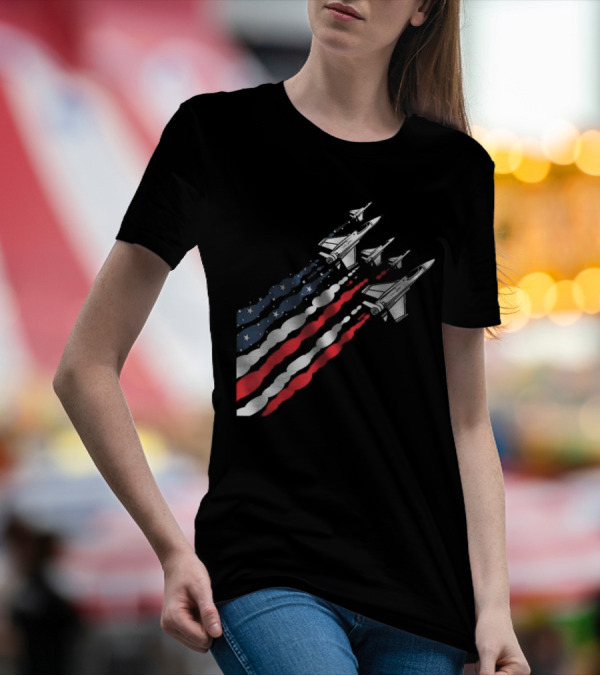 Vintage Patriotic Fighter Jet Airplane With American Flag Trail T-Shirt
