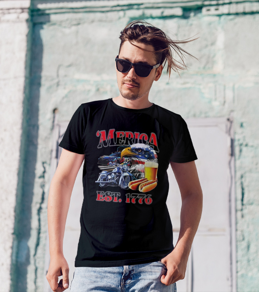 'Merica Bald Eagle Motorbike Beer Hotdogs Cars Est. 1776 T-Shirt