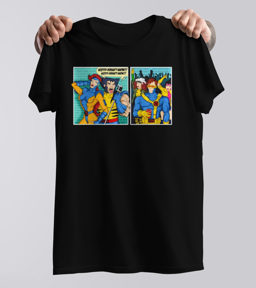 Jean Grey And Wolverine Comic Scotty Doesn’t Know Retro Cyclops Party Scene T-Shirt