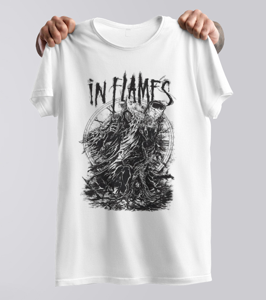 In Flames Cloaked Ghoul Dark Shrouded Figure With Clock Background T-Shirt