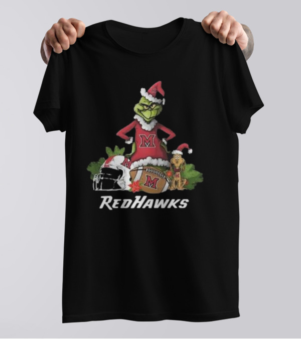 Grinch Santa And Dog With Miami RedHawks Rugby Helmet Merry Christmas T-Shirt