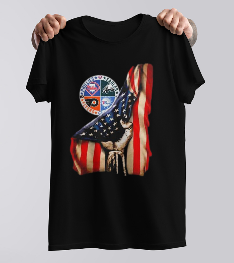 Philadelphia Phillies Eagles Flyers 76ers Hand Pulling American Flag T-Shirt