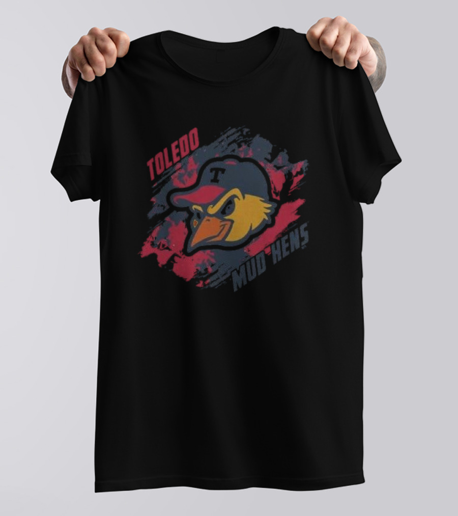 Toledo Mud Hens Baseball Team Logo With Bold Red And Blue Brushstroke Background T-Shirt