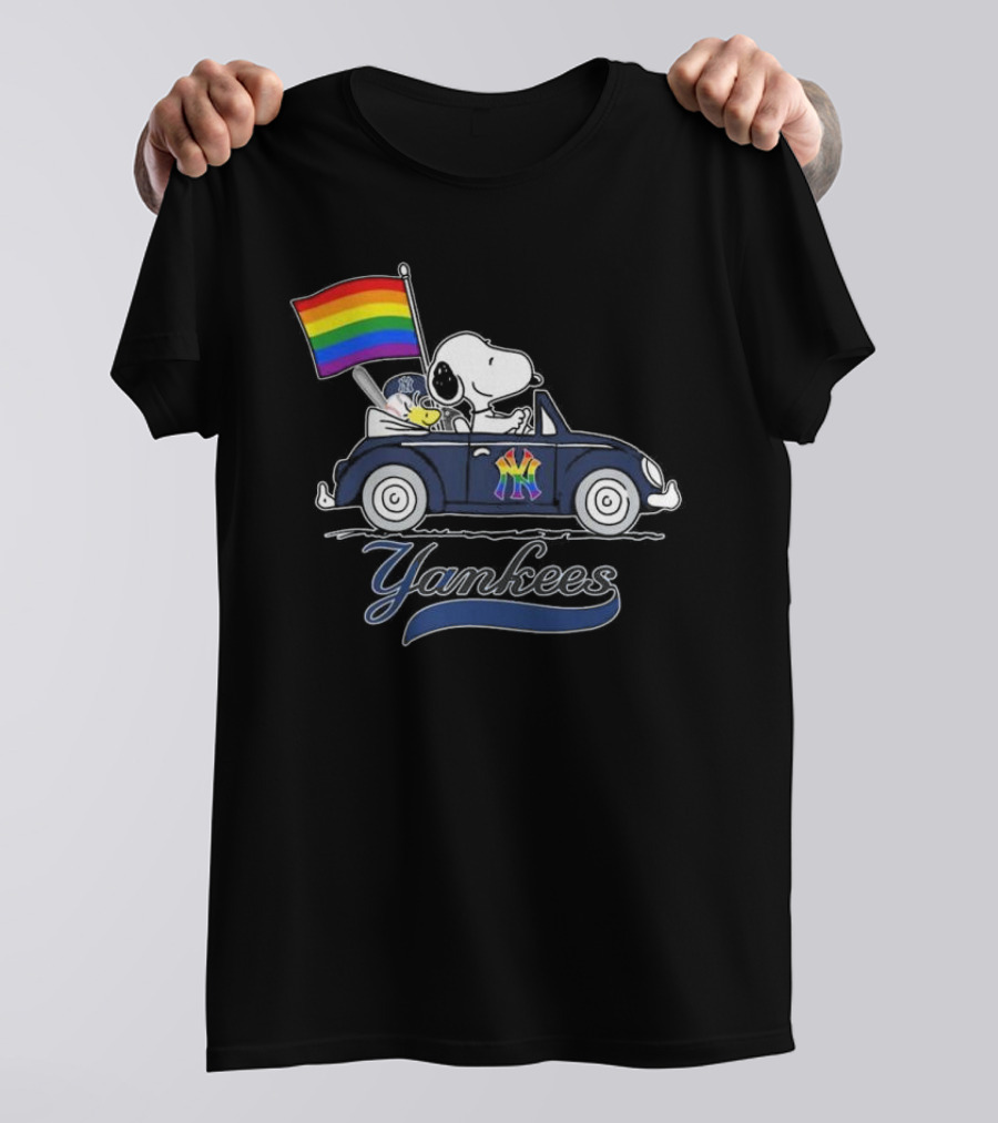 Snoopy Woodstock Driving With New York Yankees Pride Flag Yankees T-Shirt