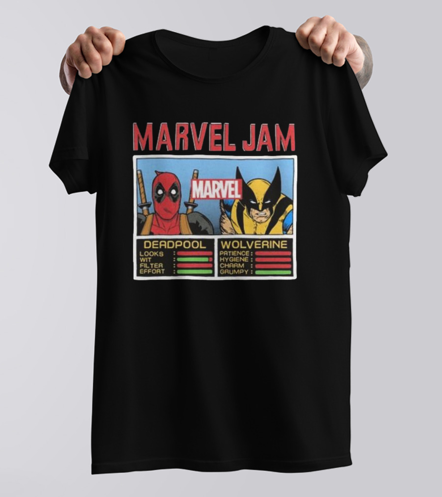 Deadpool Wolverine Marvel Jam Comic Character Stats T-Shirt