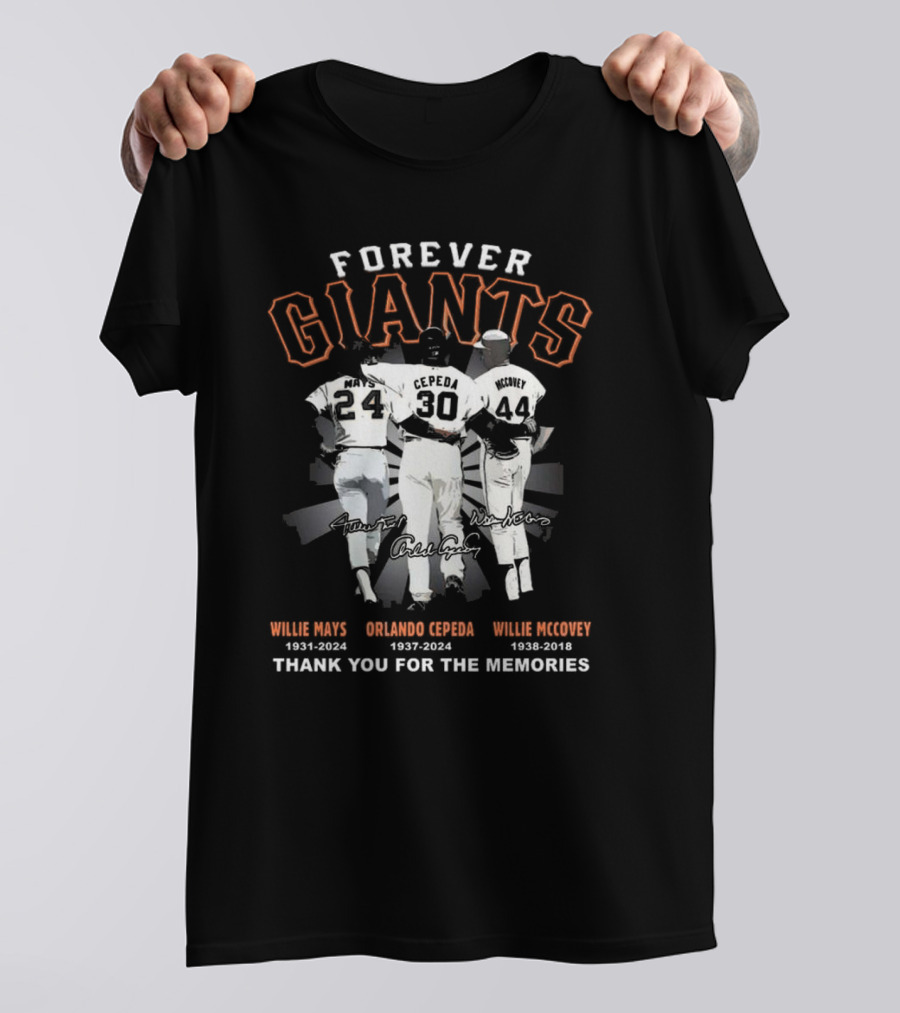 Forever Giants Willie Mays Orlando Cepeda Willie McCovey Thank You For The Memories T-Shirt
