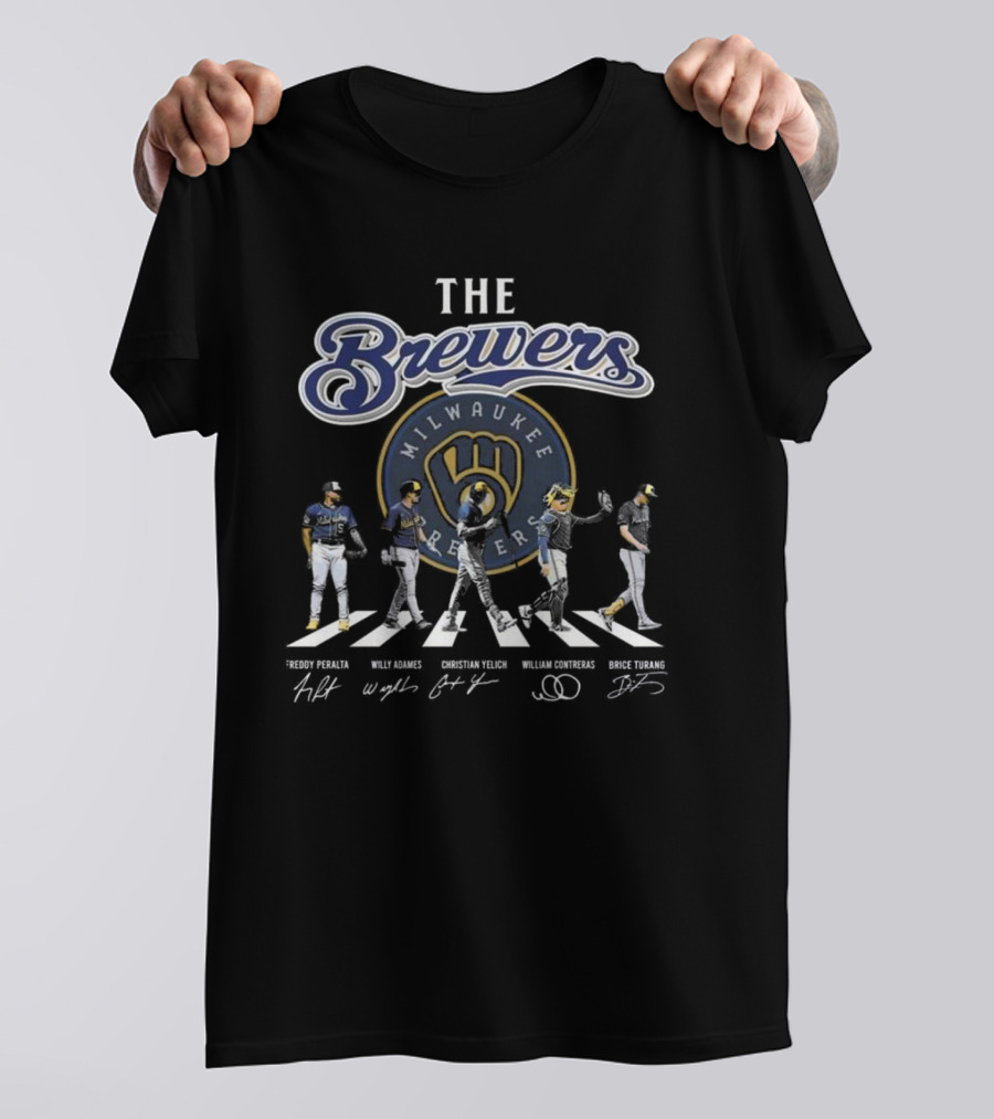 Milwaukee Brewers True Fan Baseball Legends Freddy Peralta Willy Adames Christian Yelich William Contreras Brice Turang Abbey Road Signatures T-Shirt