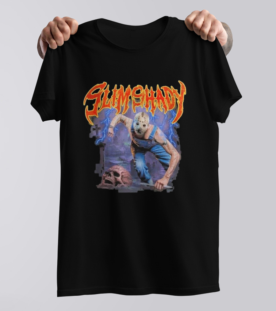 Slim Shady Jason Mask Horror Concept With Storm And Skull T-Shirt