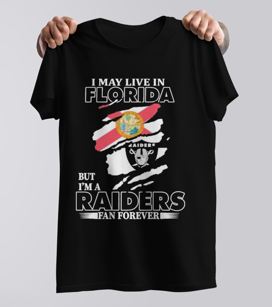 Las Vegas Raiders Fan Forever Living In Florida With Team Logo And State Flag T-Shirt