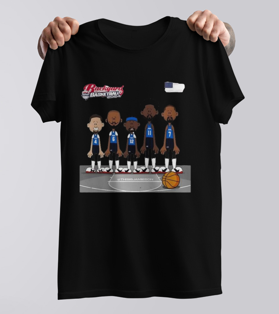 Usa Men’s Basketball Backyard Basketball 2024 @thisisjameson Retro Cartoon Team Lineup T-Shirt