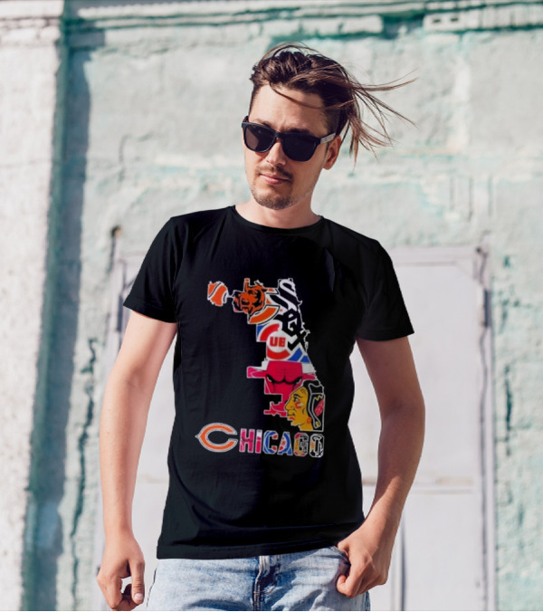 Chicago Bears Bulls Cubs White Sox Blackhawks Map T-Shirt