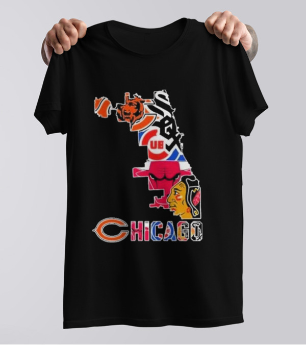 Chicago Bears Bulls Cubs White Sox Blackhawks Map T-Shirt