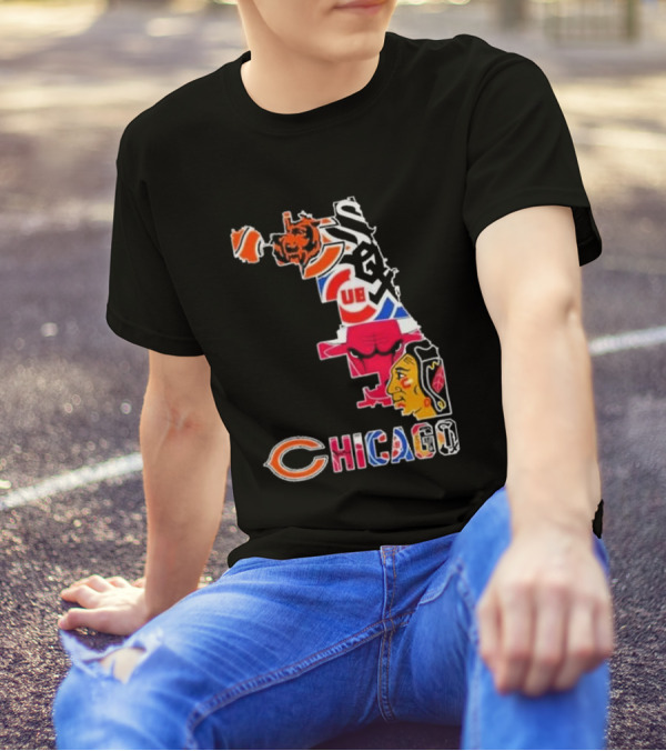 Chicago Bears Bulls Cubs White Sox Blackhawks Map T-Shirt