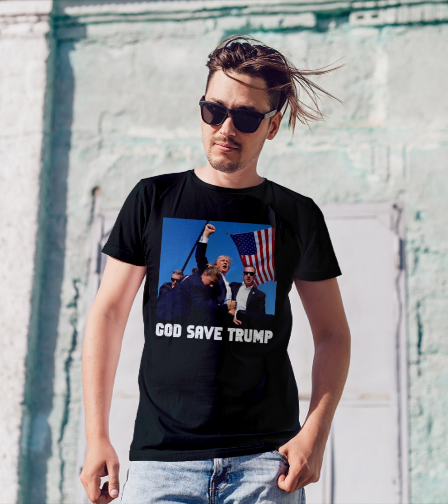 God Save Trump Rally With American Flag And Security Team T-Shirt