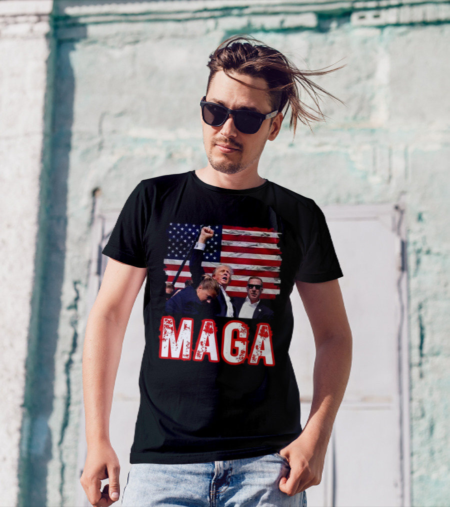 MAGA Trump Iconic Fist Raised With American Flag T-Shirt