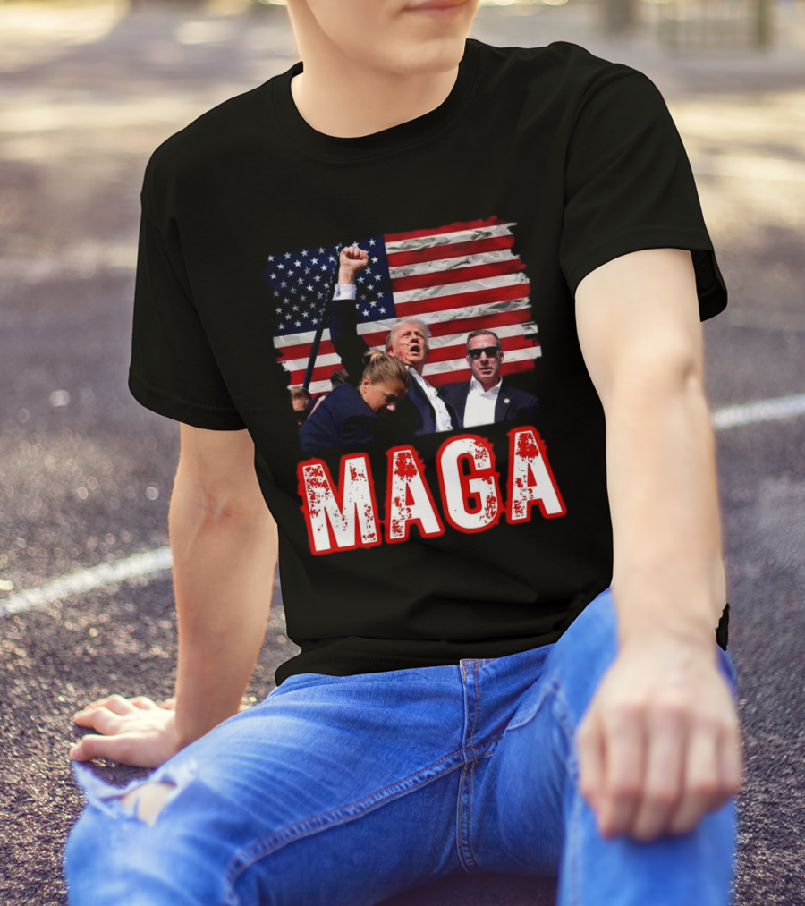MAGA Trump Iconic Fist Raised With American Flag T-Shirt