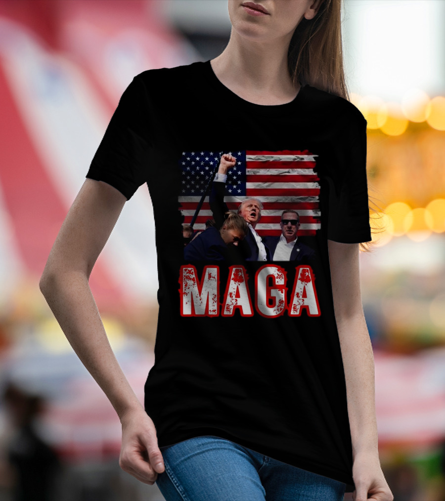 MAGA Trump Iconic Fist Raised With American Flag T-Shirt