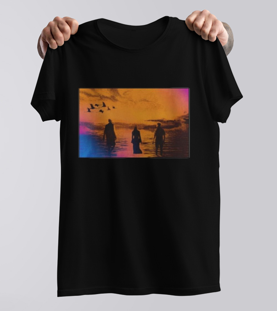 Sun Came Up Sofi Tukker Silhouettes Walking At Sunrise With Birds On Colorful Horizon T-Shirt