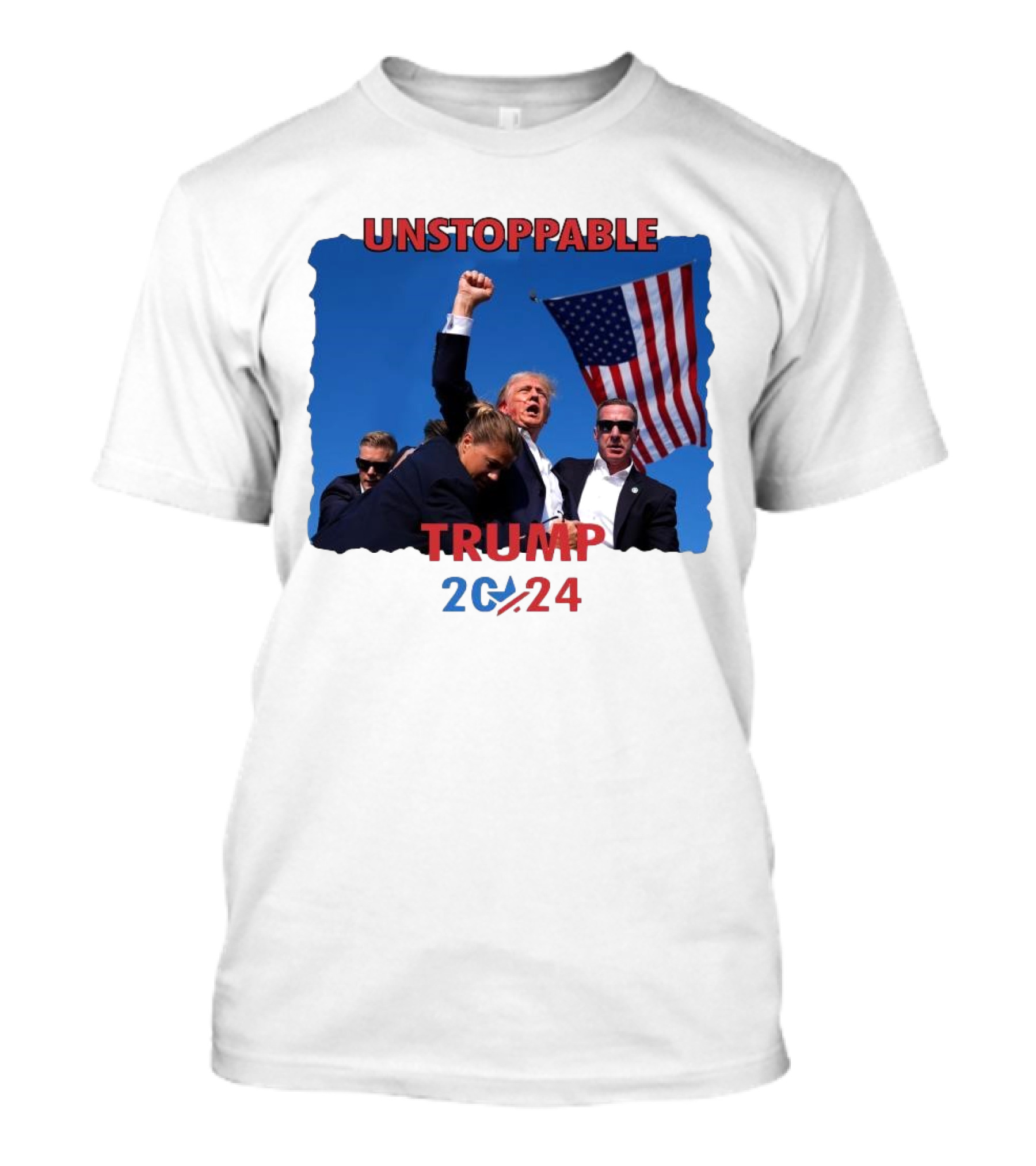 Unstoppable Trump 2024 Survived Trump Fight With American Flag Background T-Shirt