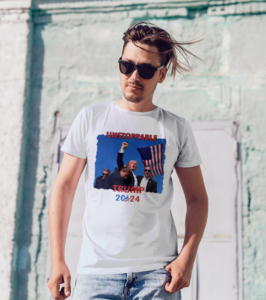Unstoppable Trump 2024 Survived Trump Fight With American Flag Background T-Shirt
