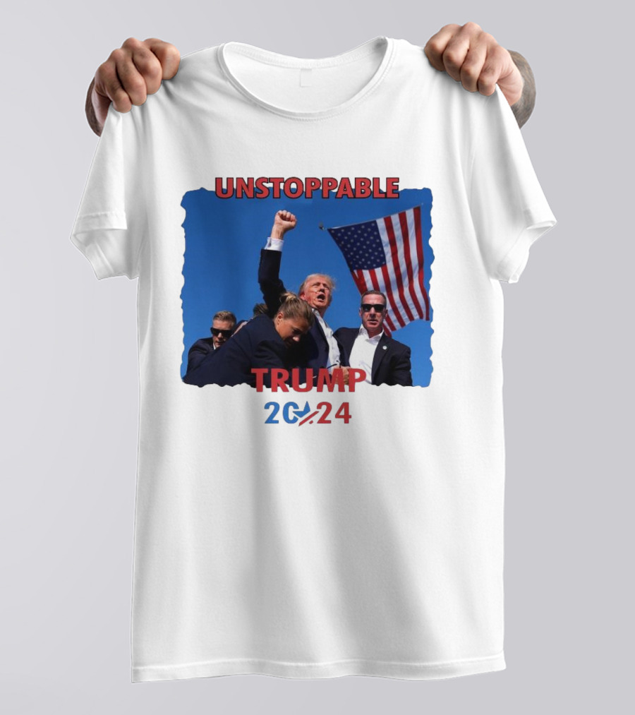 Unstoppable Trump 2024 Survived Trump Fight With American Flag Background T-Shirt