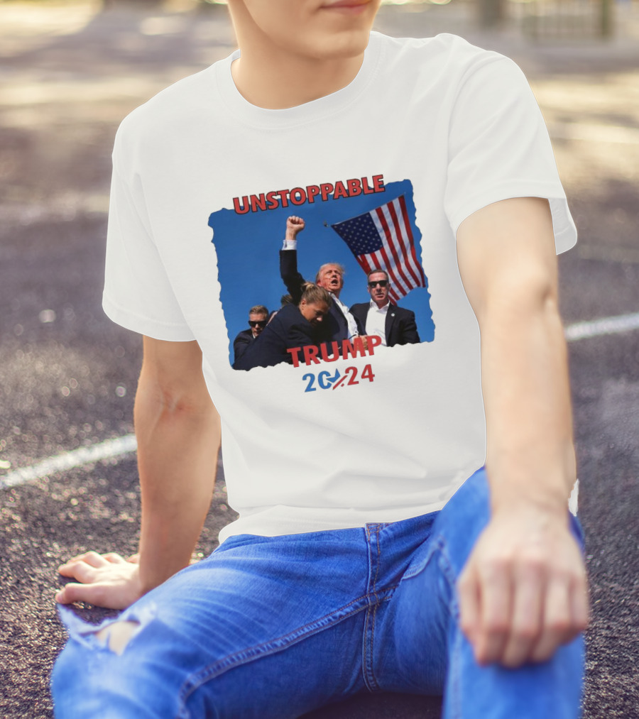 Unstoppable Trump 2024 Survived Trump Fight With American Flag Background T-Shirt