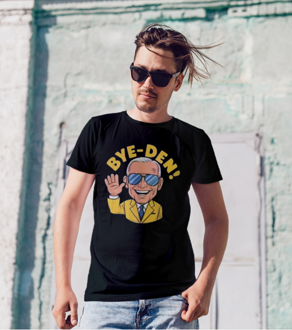 Bye-Den Cartoon Joe Biden Waving Sunglasses Yellow Jacket T-Shirt