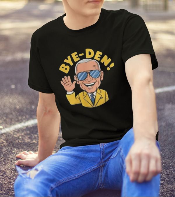 Bye-Den Cartoon Joe Biden Waving Sunglasses Yellow Jacket T-Shirt
