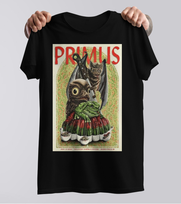 Primus July 15 2024 Mountain America Center Idaho Falls Owl Frog Bat Knife Jello Mold T-Shirt
