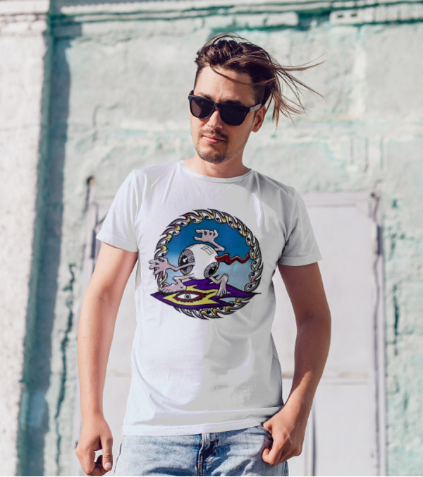 Spiral Eye Surfing Disc With Hands And Vibrant T-Shirt