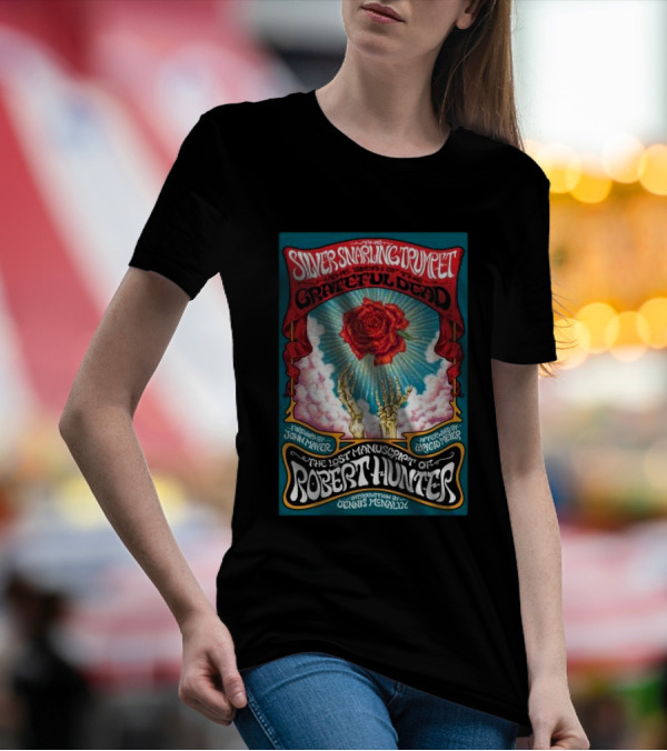 The Silver Snarling Trumpet Grateful Dead Robert Hunter Lost Manuscript Rose Skeleton T-Shirt