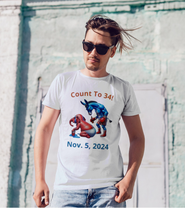 Count To 34 Nov 5 2024 Blue Donkey And Red Elephant Boxing Match T-Shirt