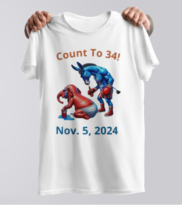 Count To 34 Nov 5 2024 Blue Donkey And Red Elephant Boxing Match T-Shirt
