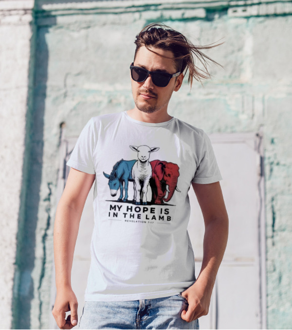 My Hope Is In The Lamb Revelation 7:17 With Blue Donkey Black Lamb Red Elephant T-Shirt