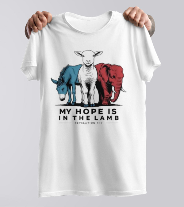 My Hope Is In The Lamb Revelation 7:17 With Blue Donkey Black Lamb Red Elephant T-Shirt