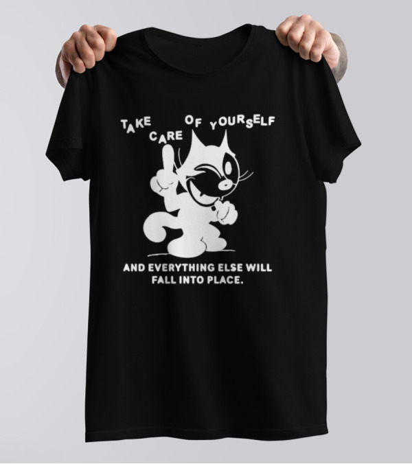Take Care Of Yourself And Everything Else Will Fall Into Place Happy Winking Cartoon Cat T-Shirt