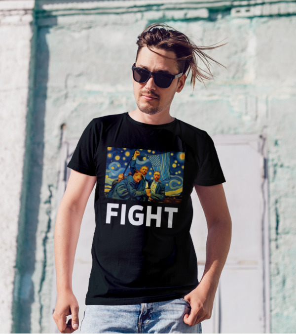 Fight Van Gogh Starry Night American Flag Fist Raised T-Shirt