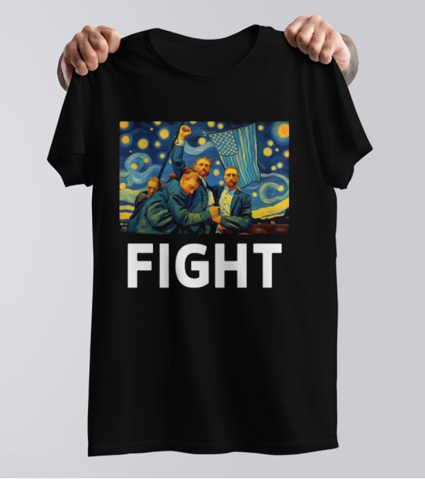 Fight Van Gogh Starry Night American Flag Fist Raised T-Shirt