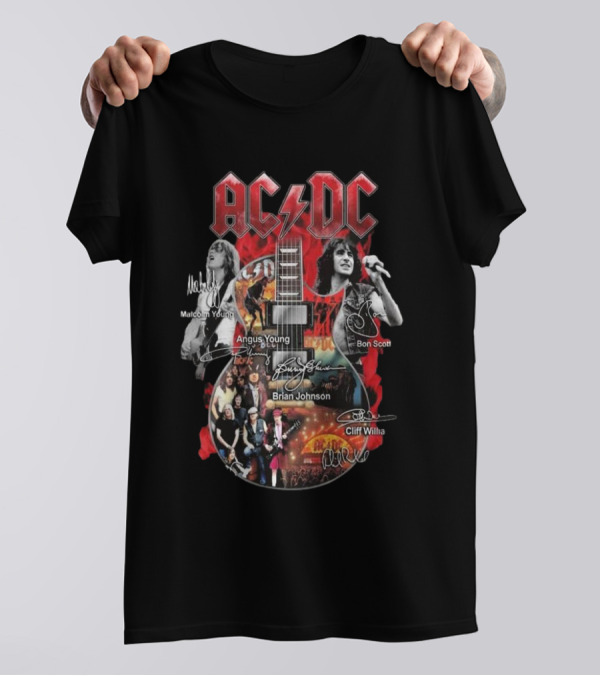 ACDC Members World Tour PWR Up 2024 Malcolm Young Angus Young Bon Scott Brian Johnson Cliff Willa Guitar Signatures T-Shirt