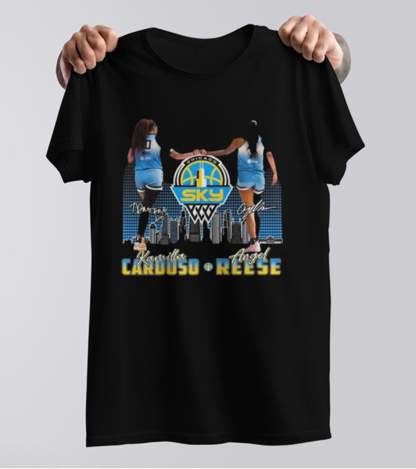 Chicago Sky WNBA Kamilla Cardoso Angel Reese Skyline Basketball Signatures T-Shirt