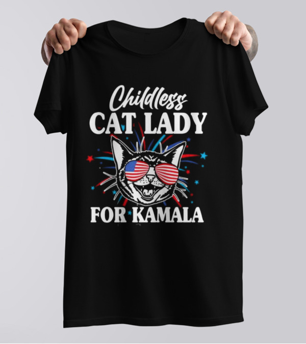 Childless Cat Lady For Kamala 2024 Patriotic Cat With Sunglasses T-Shirt