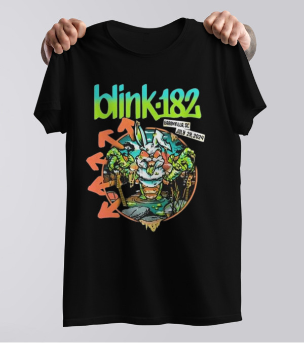 Blink-182 Greenville SC July 29 2024 Event Cartoon Creature In Swamp With Arrows T-Shirt