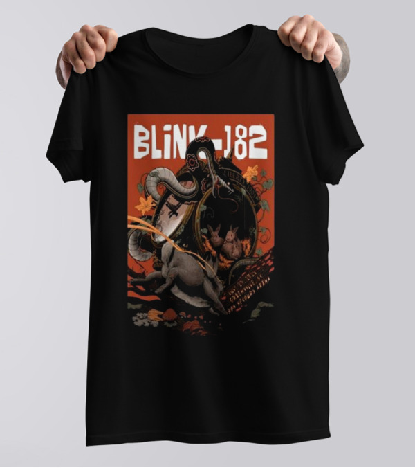 BLINK-182 Surreal Rabbits And Snakes On Motorcycle Orange Aesthetic T-Shirt
