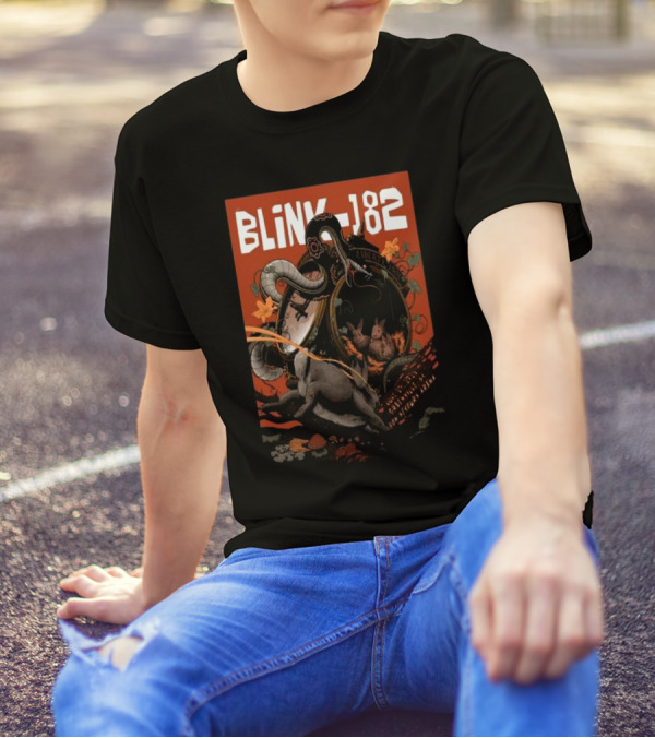 BLINK-182 Surreal Rabbits And Snakes On Motorcycle Orange Aesthetic T-Shirt