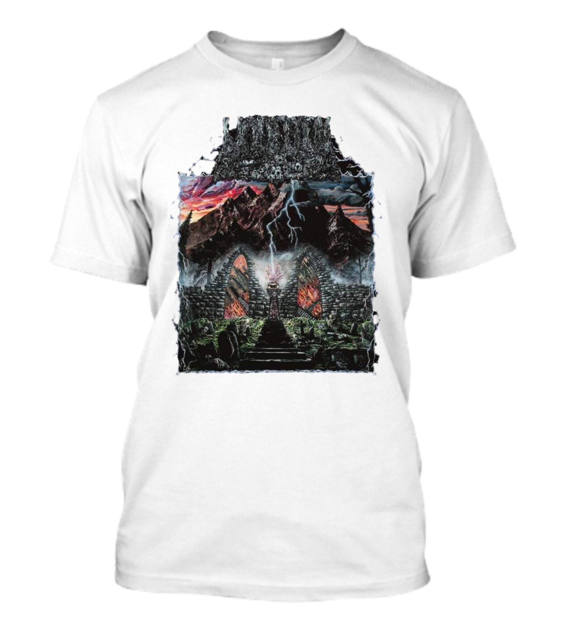 Undeath Rise From The Grave Haunted Ruins With Lightning And Mountains T-Shirt
