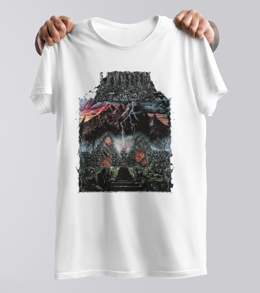 Undeath Rise From The Grave Haunted Ruins With Lightning And Mountains T-Shirt