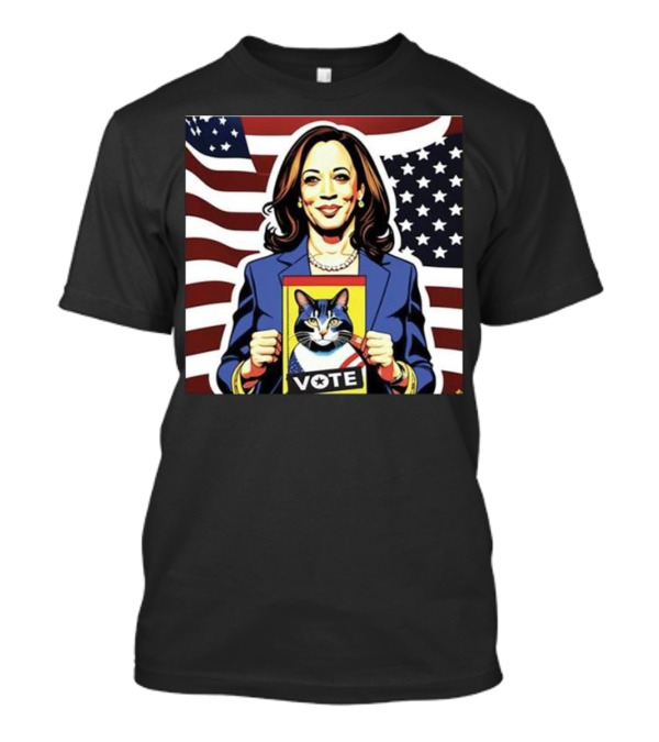 Kamala Harris Vote Cat Holding Campaign Poster American Flag Background T-Shirt